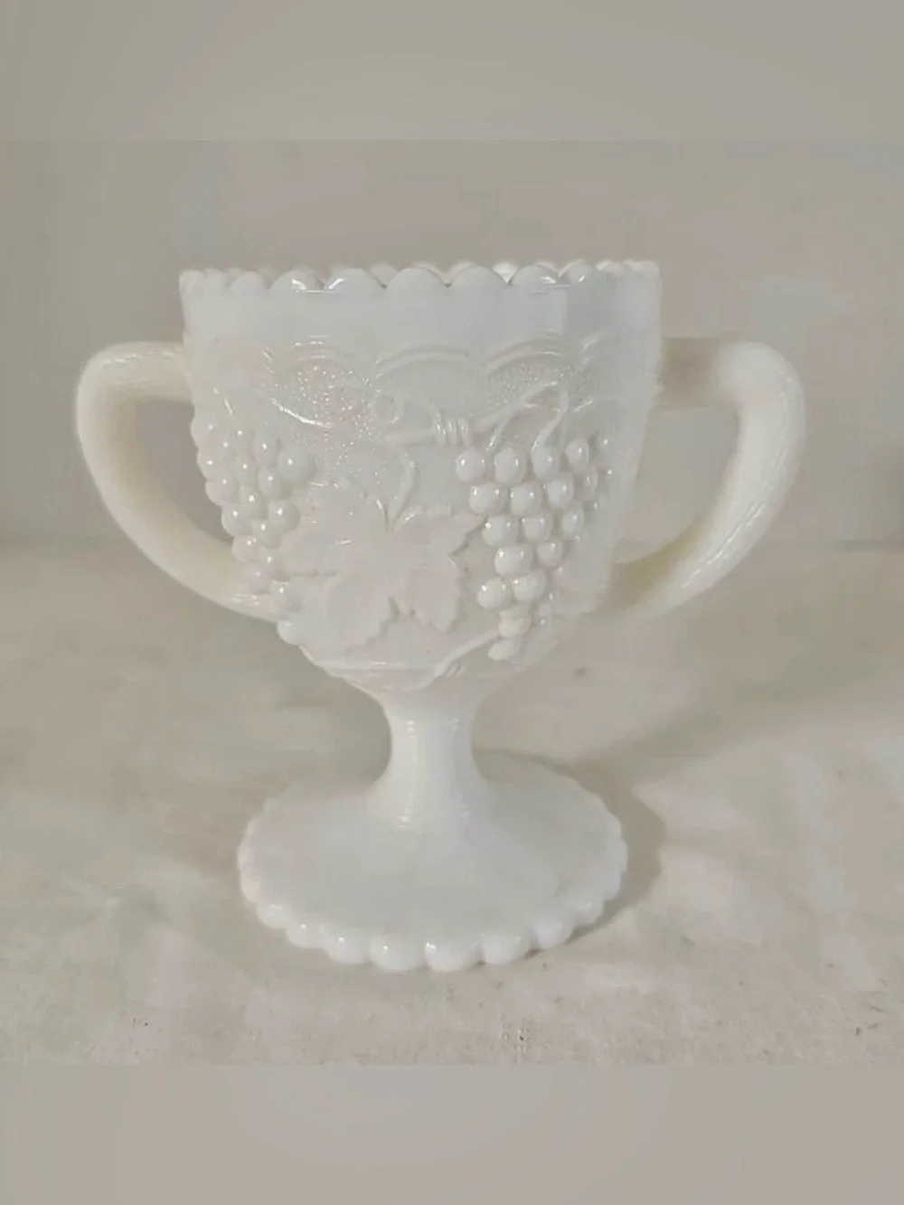 Vintage Two-Handled White Milk Glass Pedestal Vase with Grape Motif